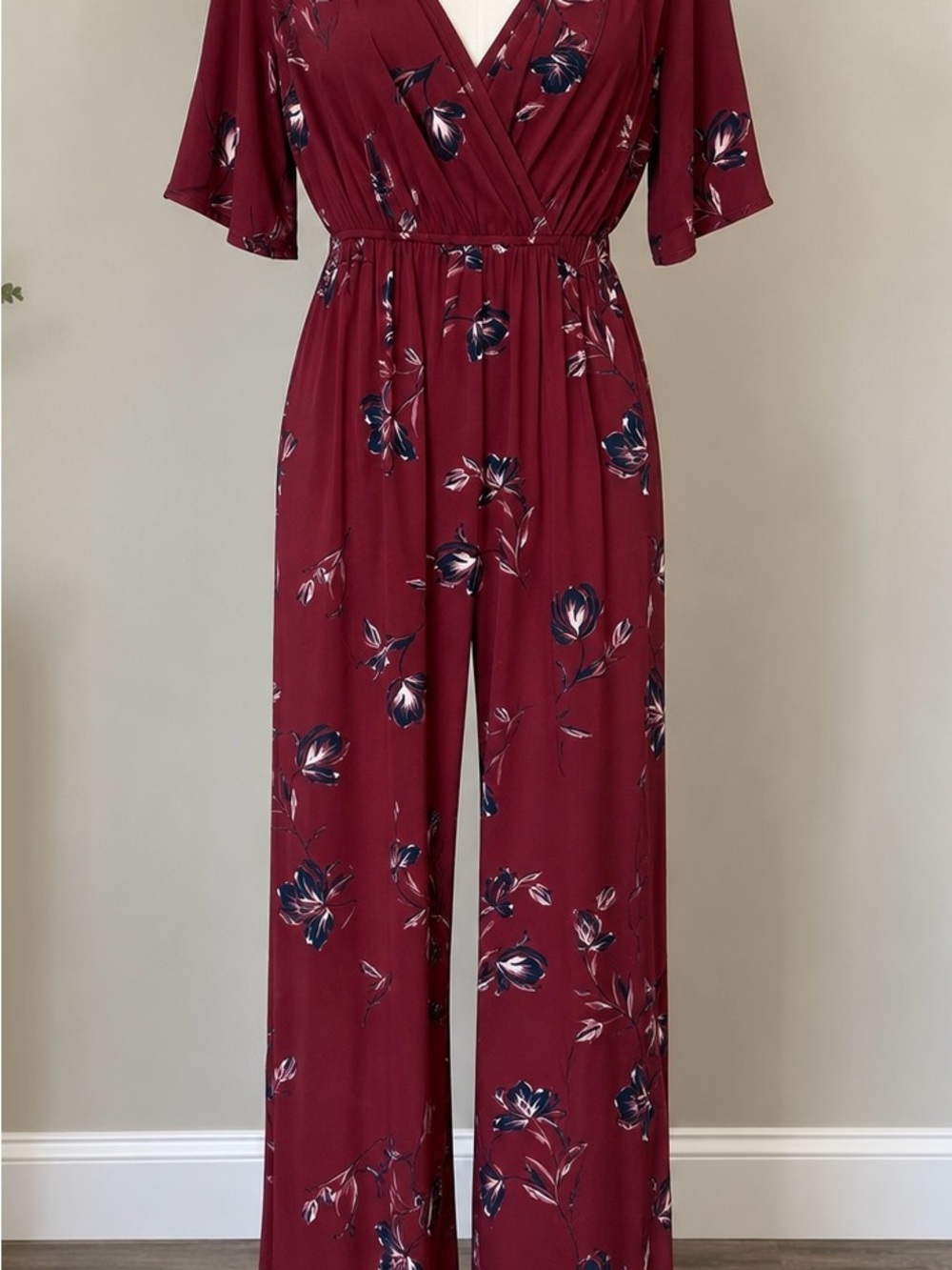 Trixxi Burgundy Floral Wide-Leg Jumpsuit with Navy & Cream Accents